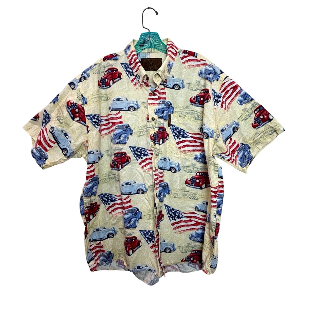 North River Button Down Shirt Mens XL Yellow Vintage Car American Flag Cotton